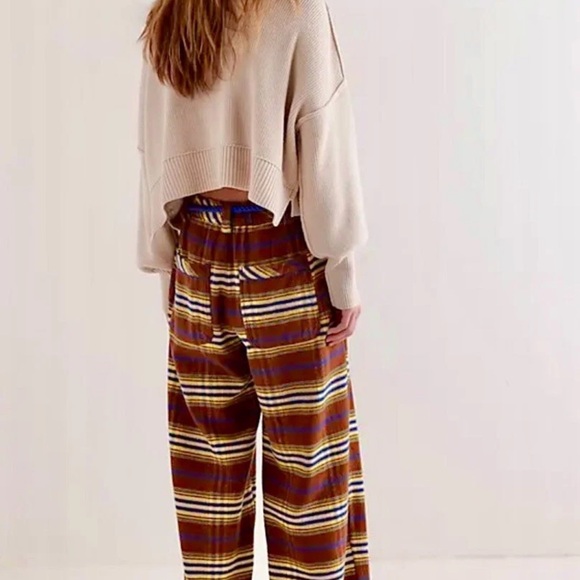 Free People Preppy Plaid Pull On Trousers Pants Flannel Tie Brown Blue S NEW - Picture 4 of 8